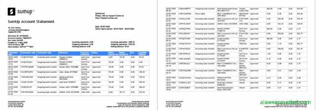 UK SumUp account statement Word and PDF template, 2 pages